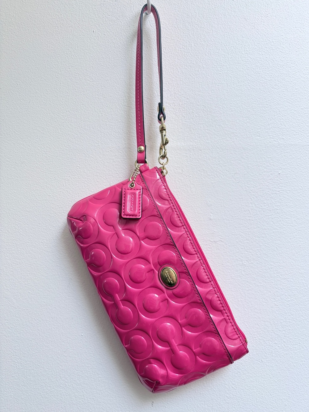 Y2K COACH Hot Pink Patent Leather Signature Monogram Wristlet w/ Gold Hardware